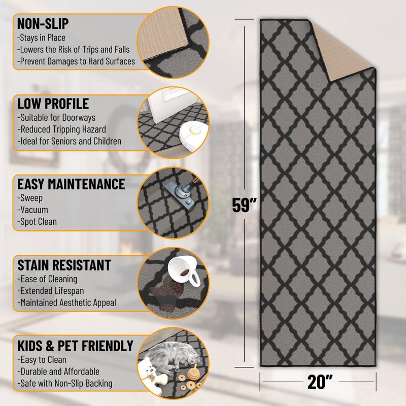 Ottomanson Hallway Runner Rug 20" x 59" Non Slip Trellis Area Rugs Easy to Clean Laundry Rug Runner Durable & Pet Friendly Floor Carpet Runners for Hallways Entryway Living Room Kitchen, Dark Gray - Image 2